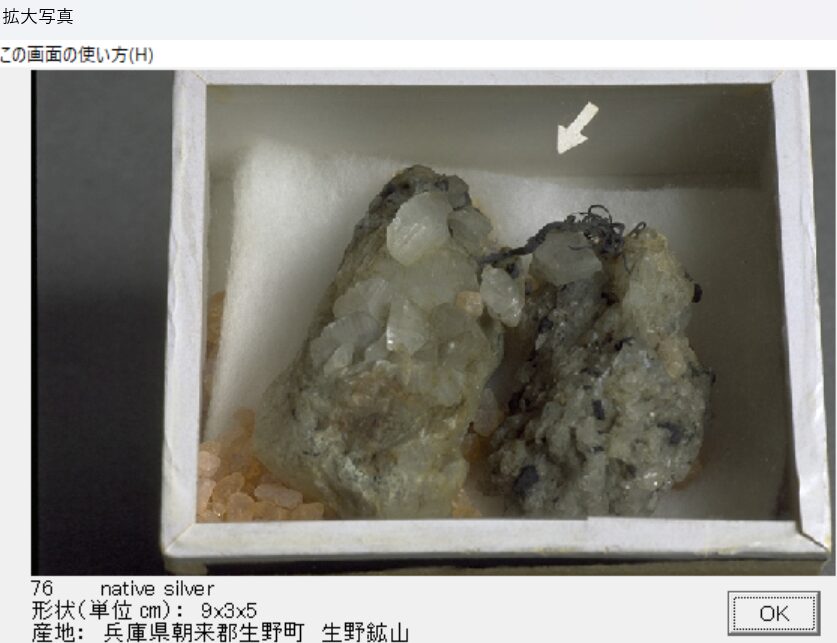 自然銀 　兵庫県　朝来郡生野町　生野鉱山 002　出典：本邦鉱物標本